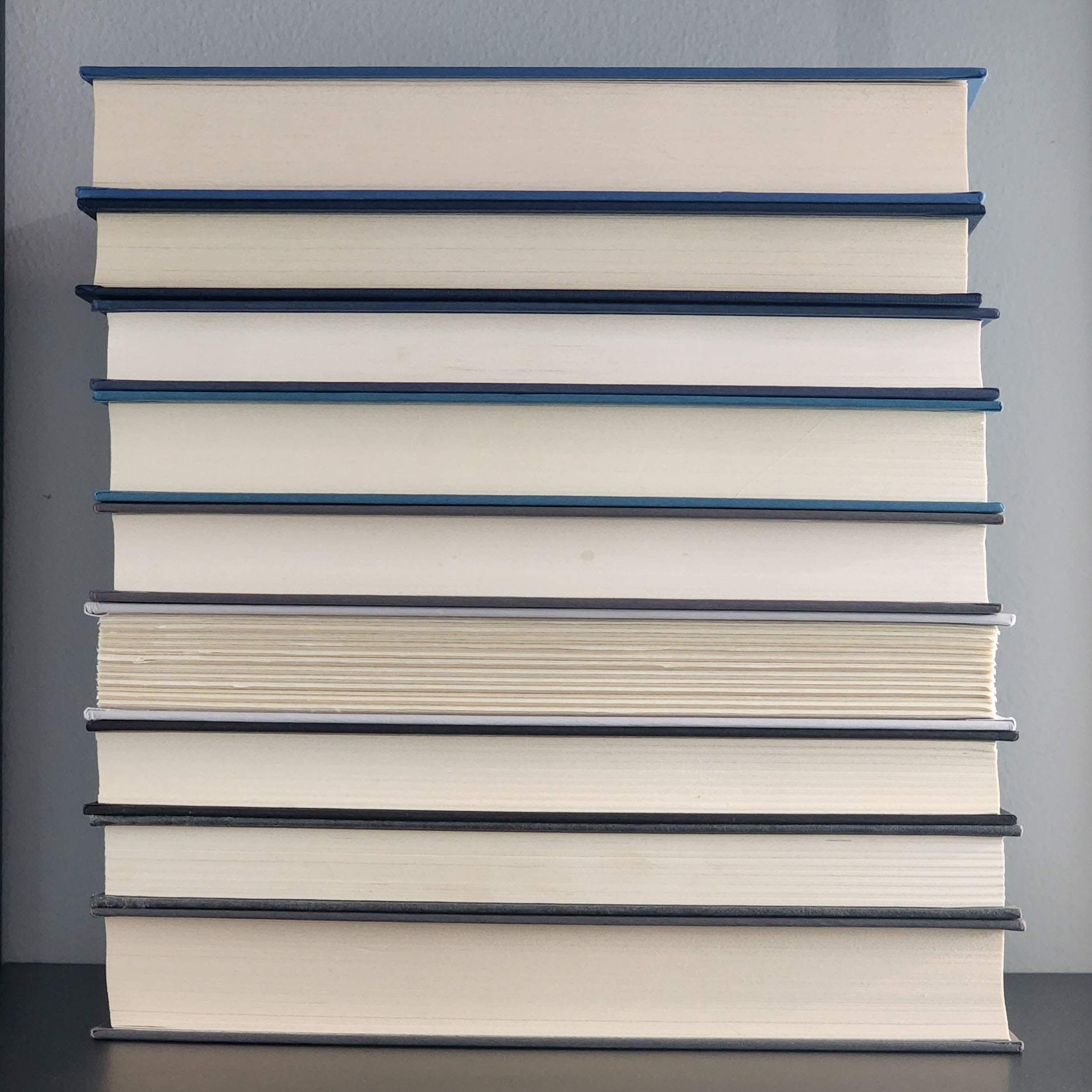 Is stack of hardcover books in blues and grays used as shelf décor