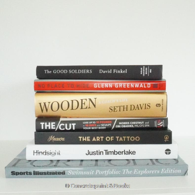 Real books used as home décor. Stack of all black hardcover books including coffee table books, and novels.