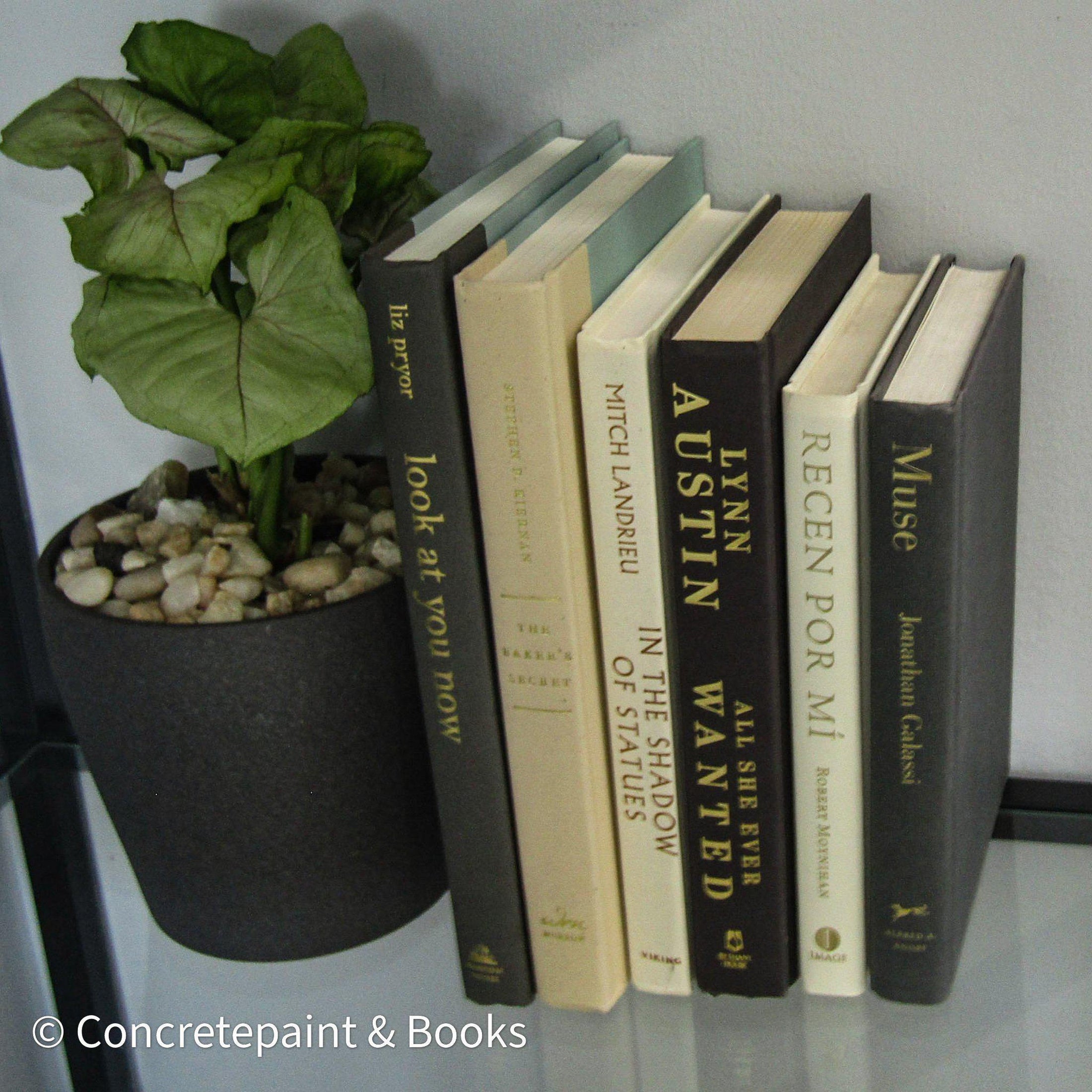 Set of hardcover books in gray and neutral colors staged and used as decorating home display. 