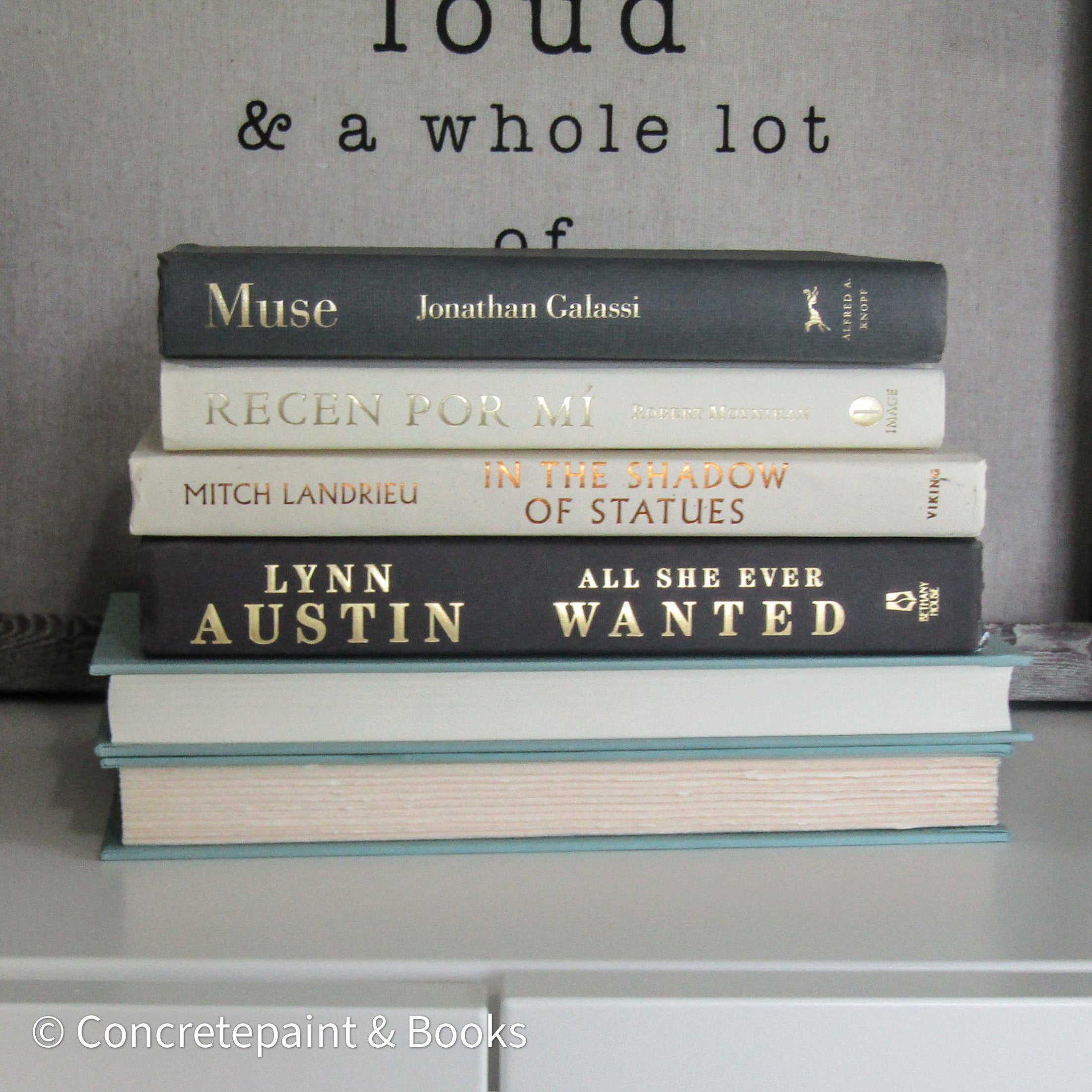 Set of hardcover books in gray and neutral colors staged and used as decorating home display. 