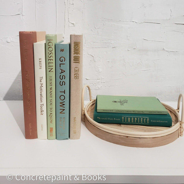 Decorative tray and decorative books for display.  Real books used as shabby chic tabletop décor.
