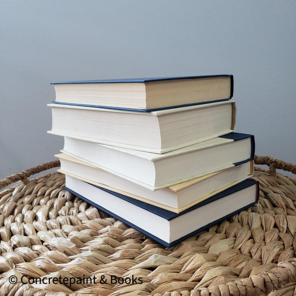 stack of real hardcover books used as shelf décor in blues, white, and gray.