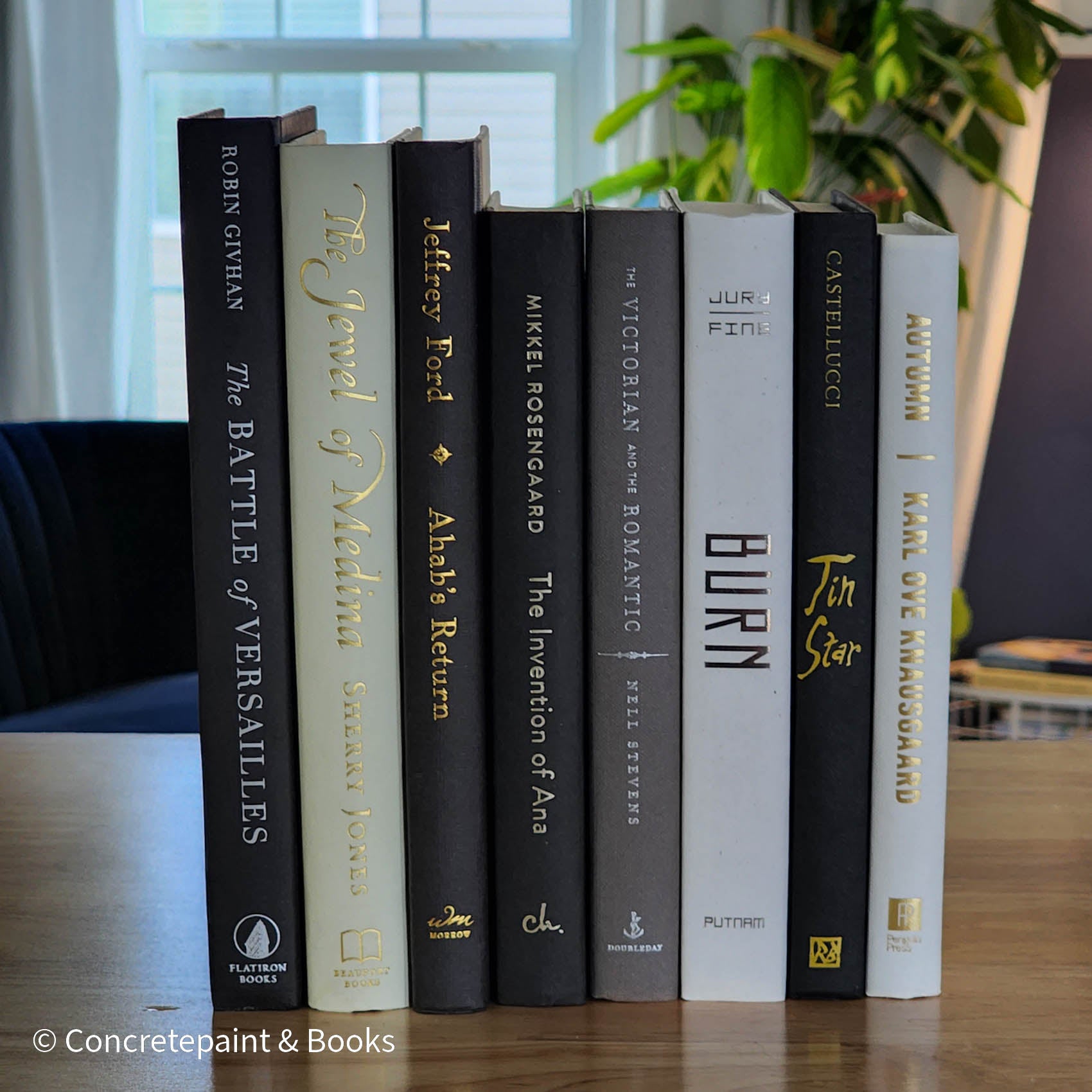 Neutral, black and gray books on display. Real hardcover books for decorating shelves.