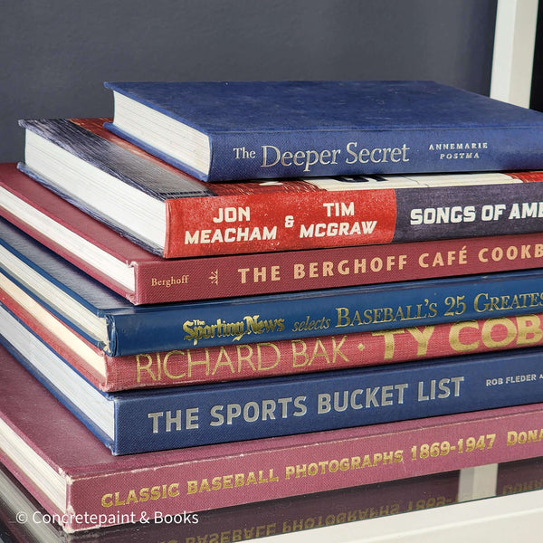Stack of black rectangular coffee table books used as men's home décor. Aircraft, animals, and travel books on men's bookshelf.