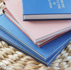 Navy blue and terra-cotta colored books. Decorative books for display. 