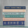 Neutral, mint, and navy color books used for decorating. Stack of real hardcover books for display. 