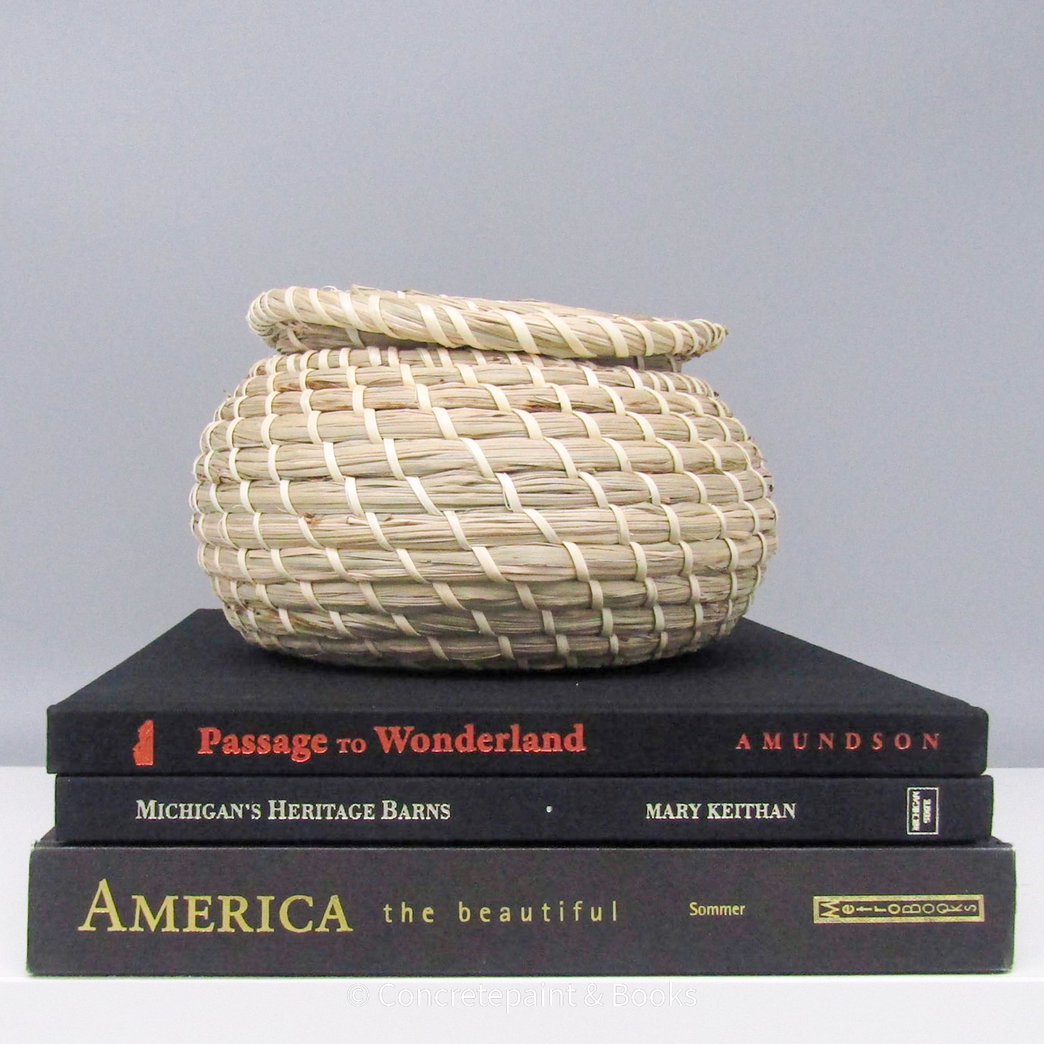 Real headcover books used as staged home décor. Stack of large black coffee table books with ikea seagrass basket on top. Mens bachelor pad decor for sale.