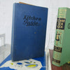 blue and green vintage cookbooks for decorating kitchen.