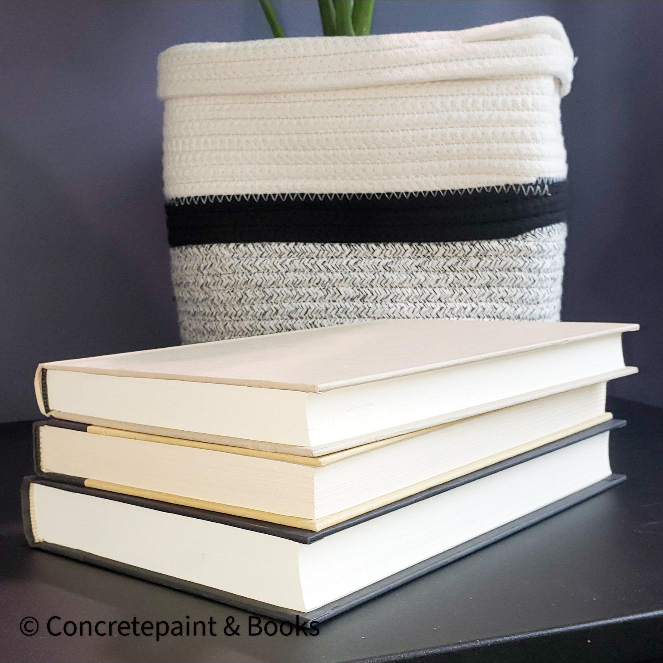 Real black and neutral headcover books used as staged home décor. 