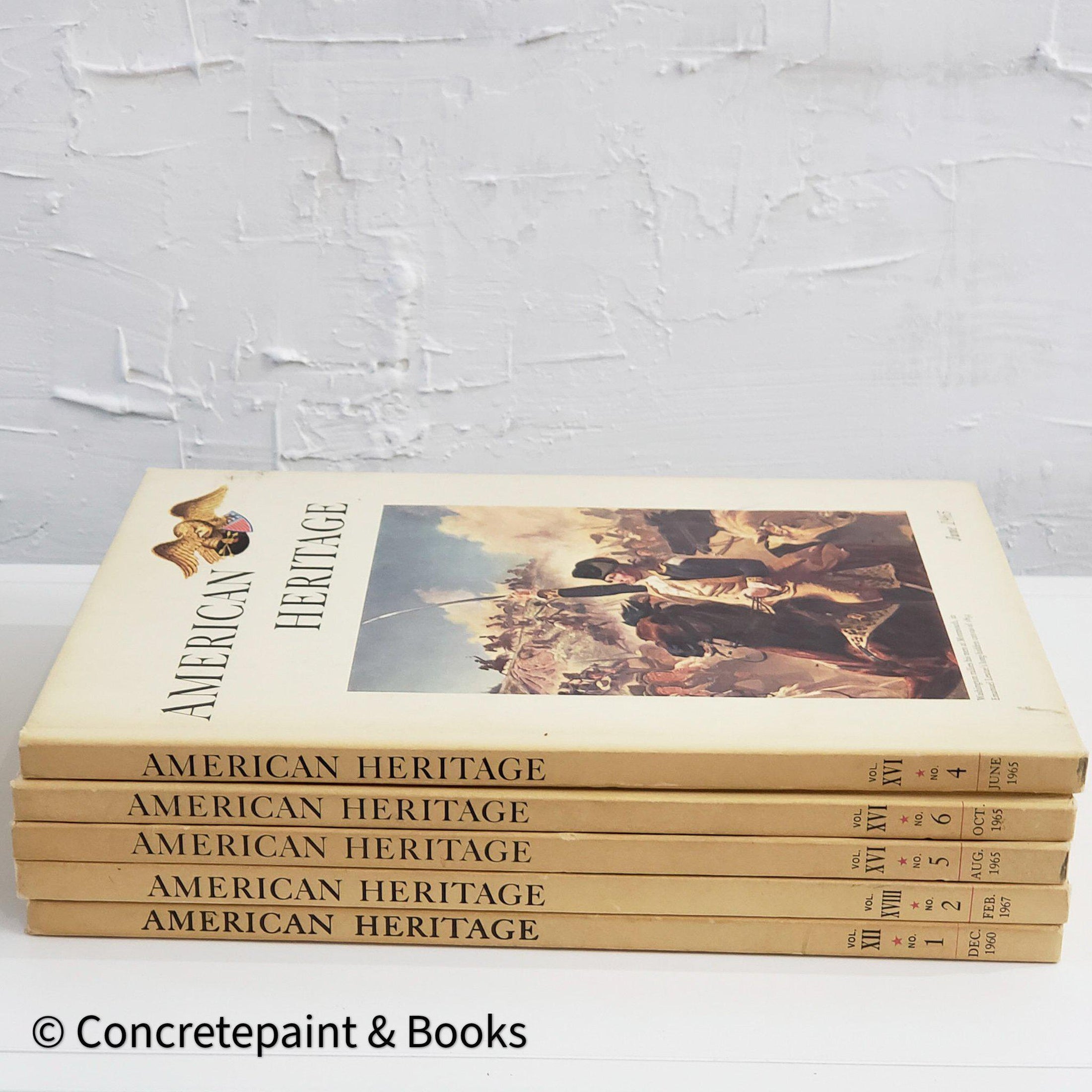 Stack on neutral color vintage hardcover books. American Heritage hardcover books. 