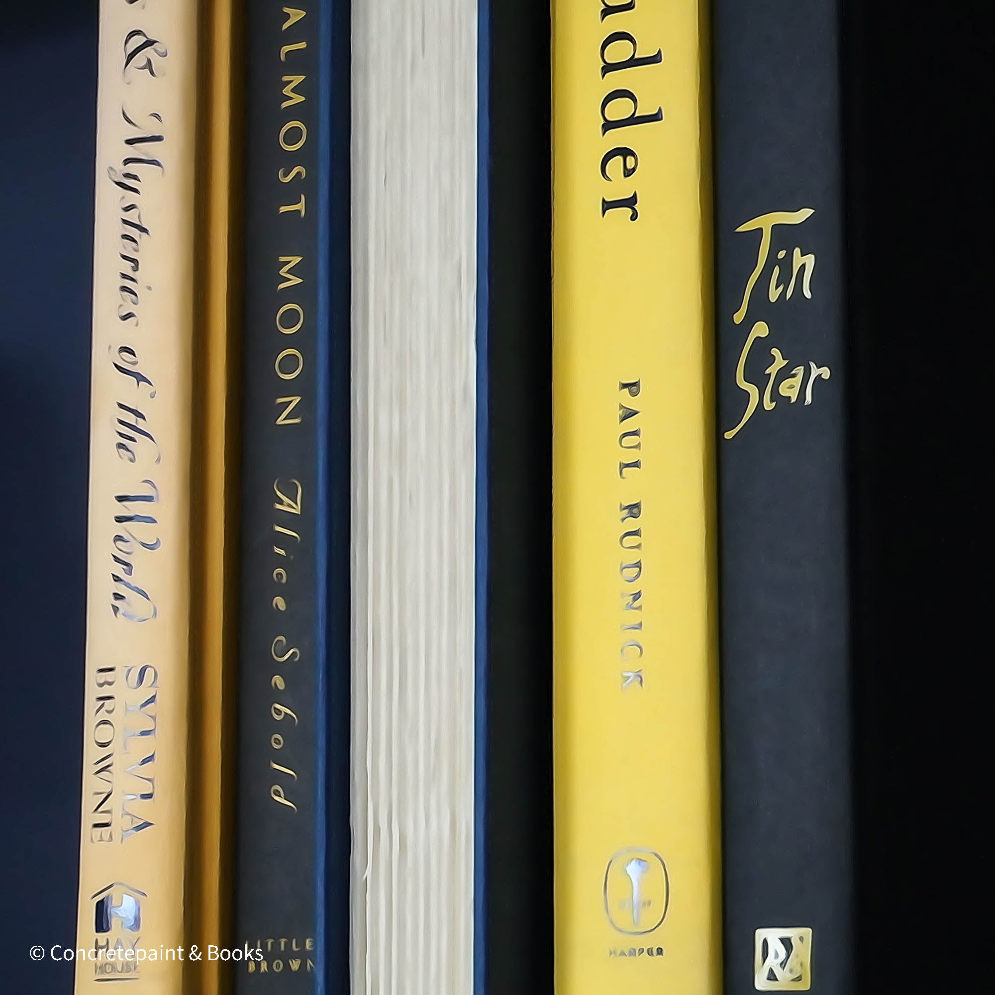 Blue and yellow book used for shelf decoration. Hardcover books for decor.
